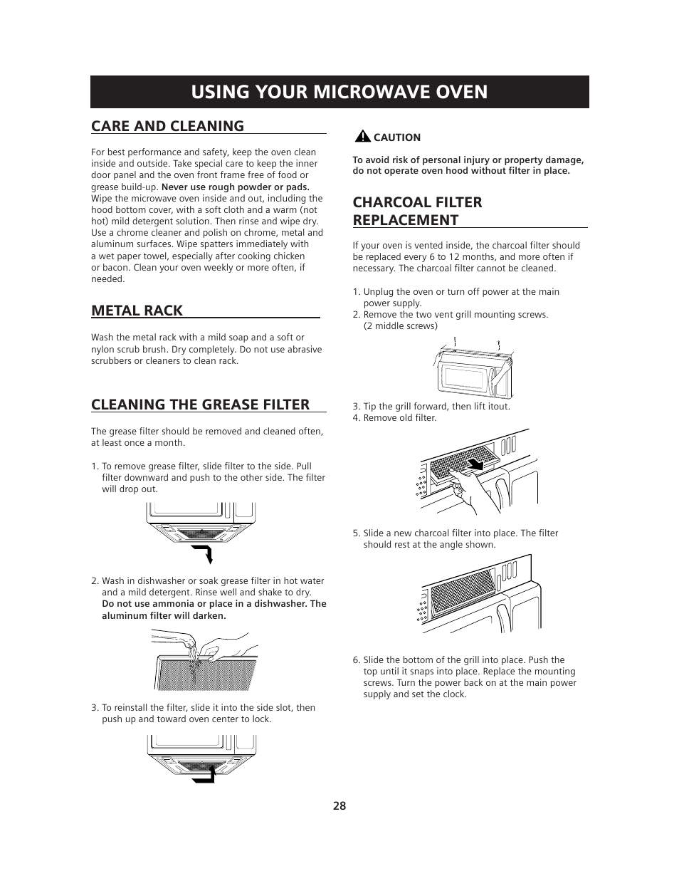 Using your microwave oven, Care and cleaning, Cleaning the grease filter metal rack | Charcoal filter replacement | Siemens HF36V306 User Manual | Page 28 / 32