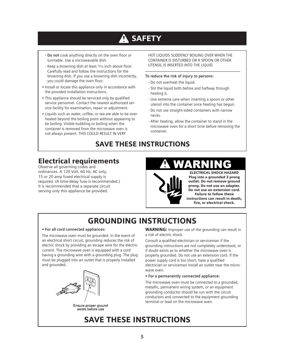 Safety, Grounding instructions, Save these instructions | Save these instructions electrical requirements | Siemens HF36V306 User Manual | Page 5 / 32