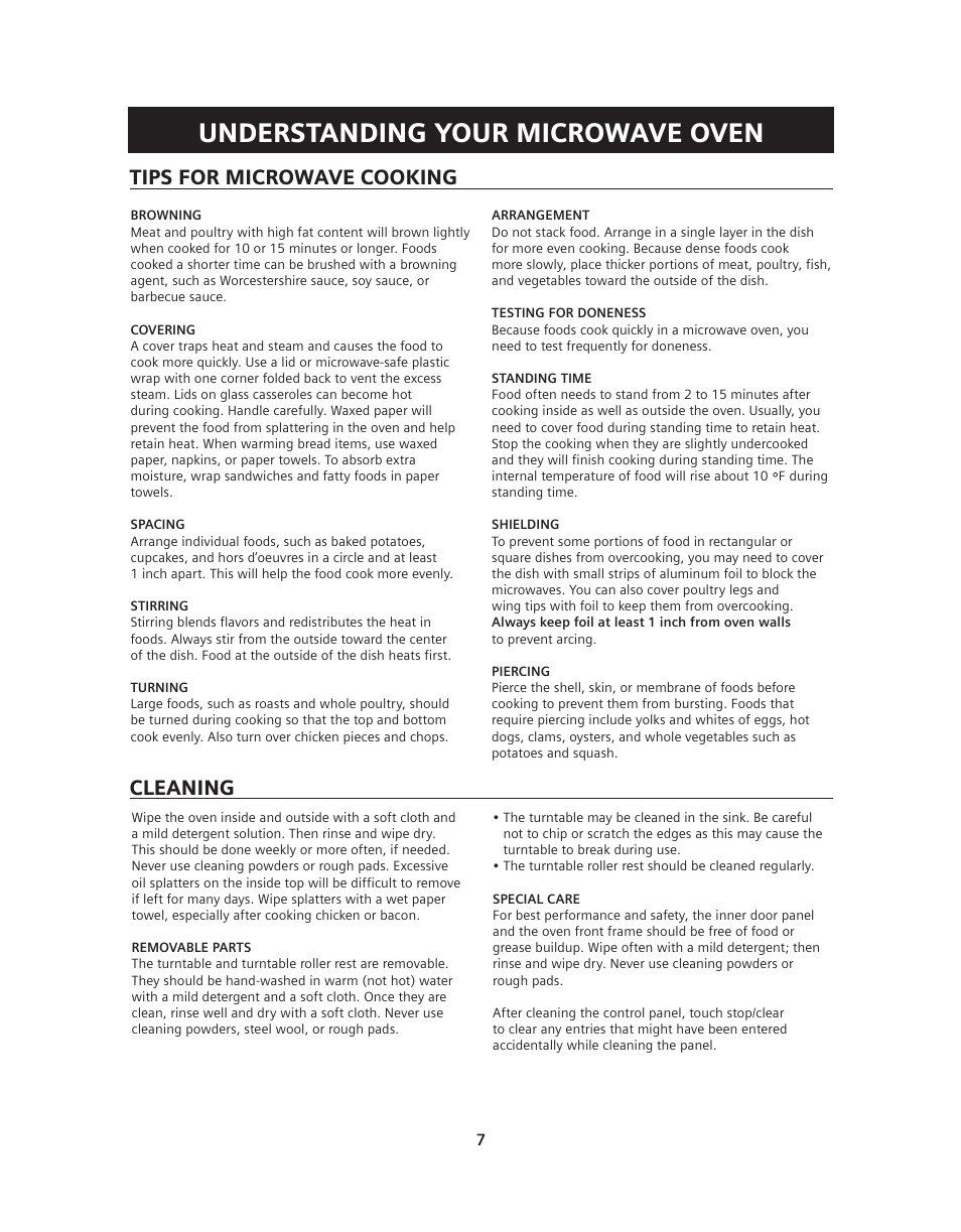 Understanding your microwave oven, Tips for microwave cooking, Cleaning | Siemens HF36V306 User Manual | Page 7 / 32