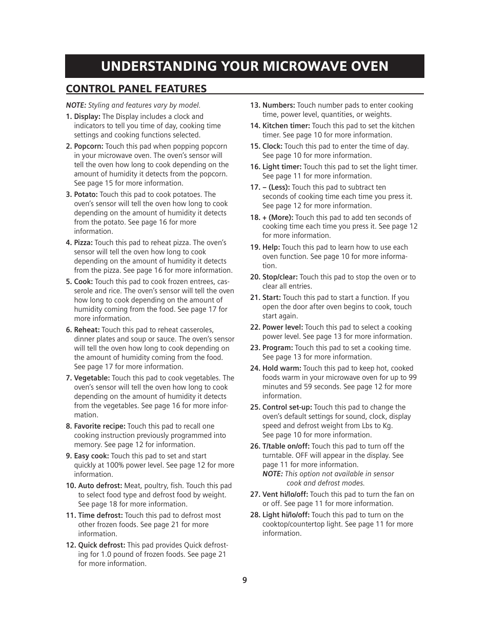 Understanding your microwave oven, Control panel features | Siemens HF36V306 User Manual | Page 9 / 32