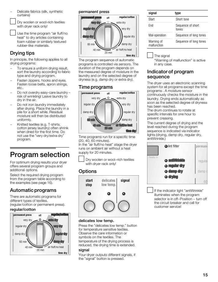 Program selection, Drying tips, Automatic programs | Time programs, Options, Indicator of program sequence | Siemens WTXD5522UC User Manual | Page 15 / 68