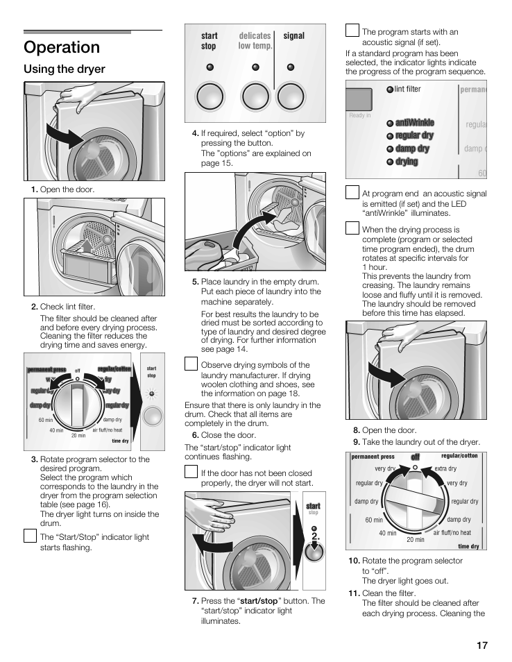 Operation, Using the dryer | Siemens WTXD5522UC User Manual | Page 17 / 68