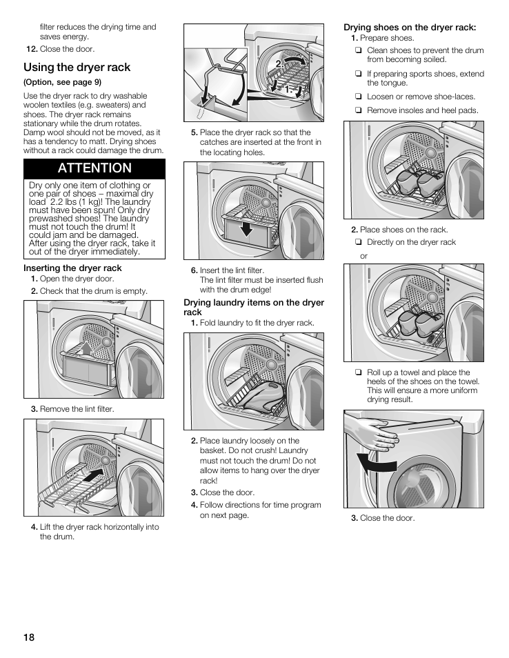 Attention, Using the dryer rack | Siemens WTXD5522UC User Manual | Page 18 / 68