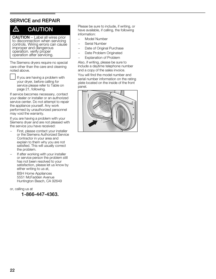 Caution, Service and repair | Siemens WTXD5522UC User Manual | Page 22 / 68