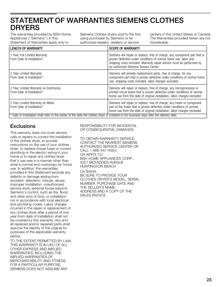Statement of warranties siemens clothes dryers, Exclusions | Siemens WTXD5522UC User Manual | Page 23 / 68