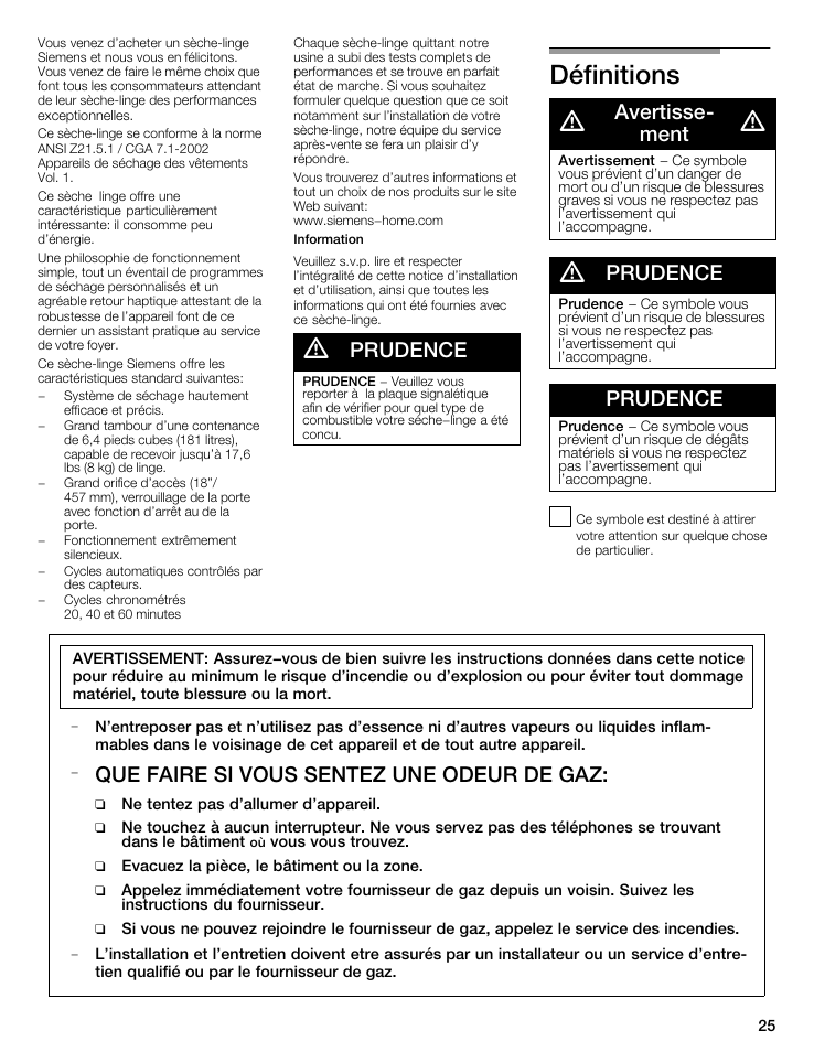 Définitions d, Prudence, Avertisseć ment | Que faire si vous sentez une odeur de gaz | Siemens WTXD5522UC User Manual | Page 25 / 68