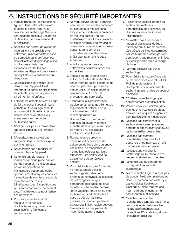 D instructions de sécurité importantes | Siemens WTXD5522UC User Manual | Page 26 / 68