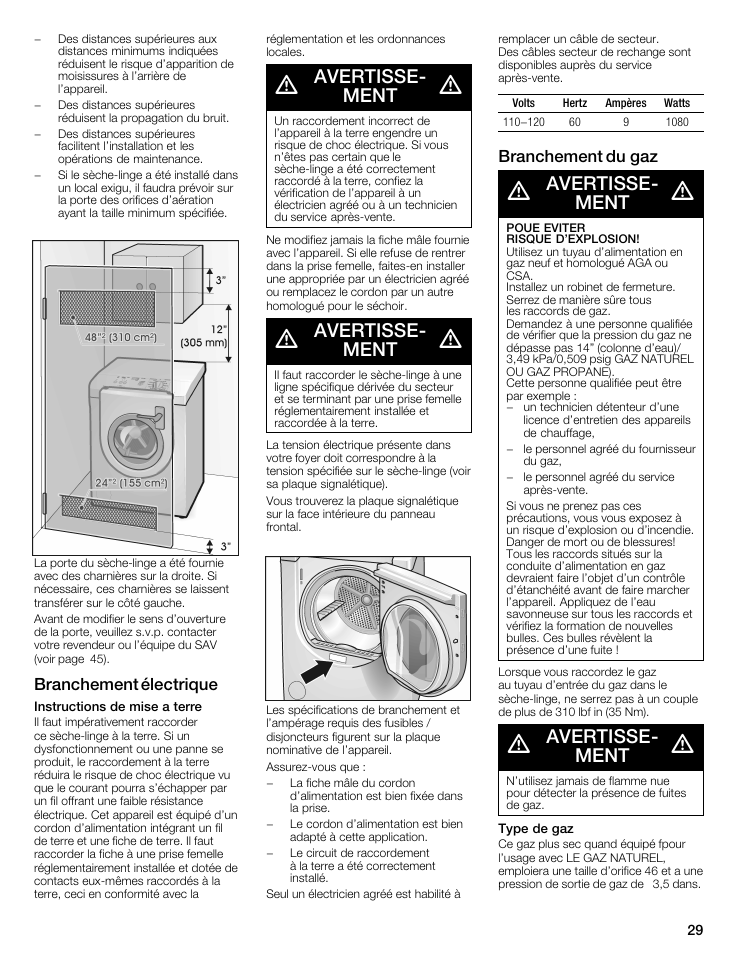 Avertisseć ment, Branchement électrique, Branchement du gaz | Siemens WTXD5522UC User Manual | Page 29 / 68