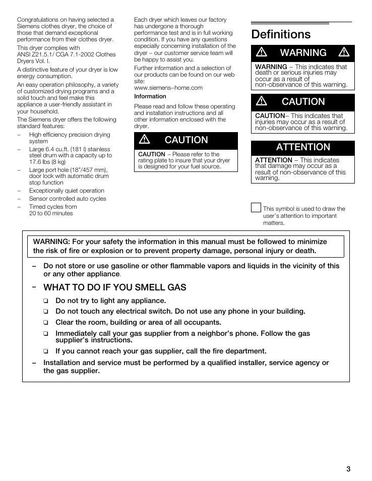 Definitions d, Caution, Warning | Attention, What to do if you smell gas | Siemens WTXD5522UC User Manual | Page 3 / 68