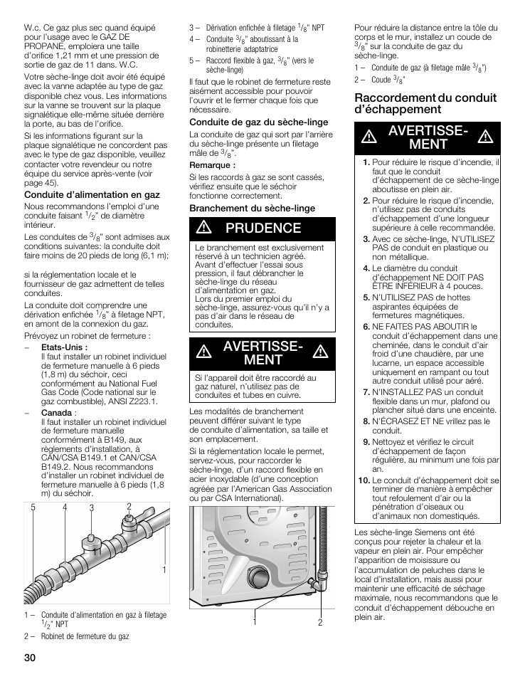 Prudence, Avertisseć ment, Raccordement du conduit d'échappement | Siemens WTXD5522UC User Manual | Page 30 / 68