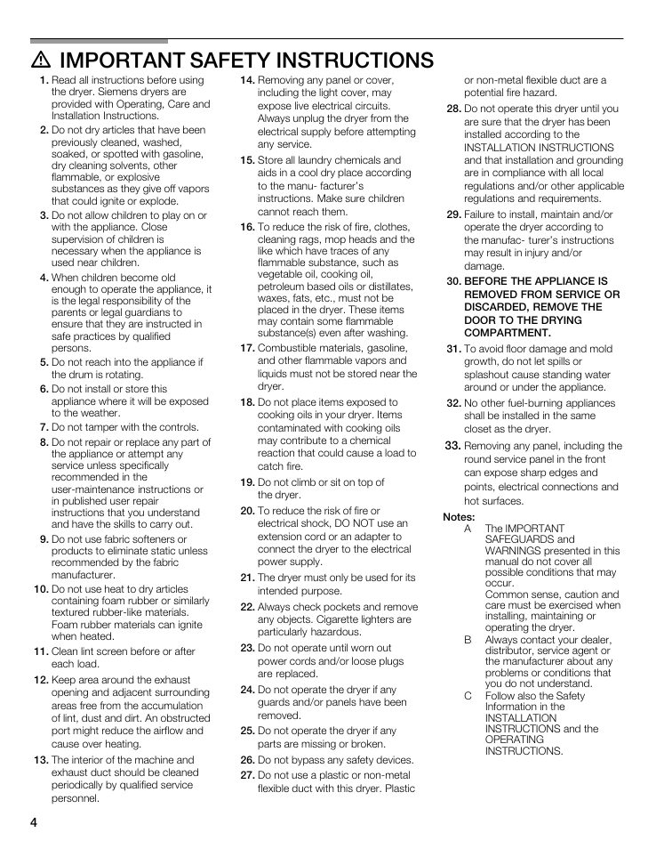 D important safety instructions | Siemens WTXD5522UC User Manual | Page 4 / 68