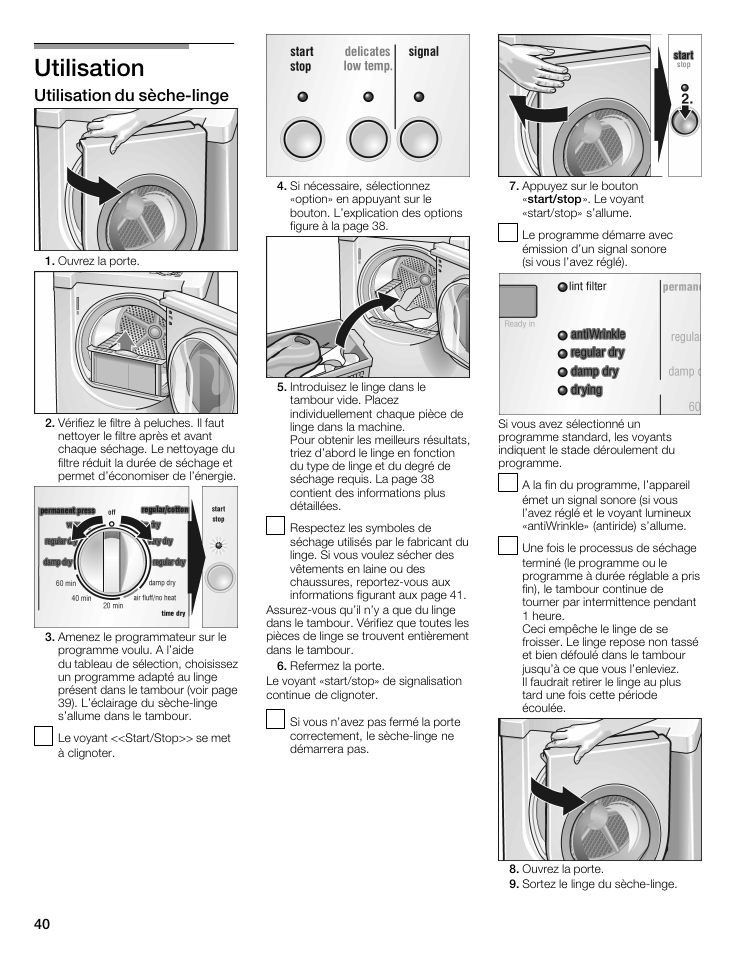 Utilisation, Utilisation du sèchećlinge | Siemens WTXD5522UC User Manual | Page 40 / 68