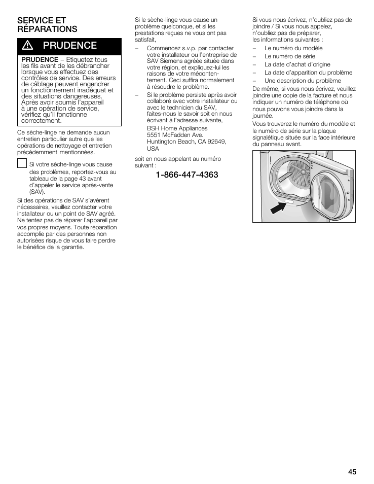 Prudence, Service et réparations | Siemens WTXD5522UC User Manual | Page 45 / 68