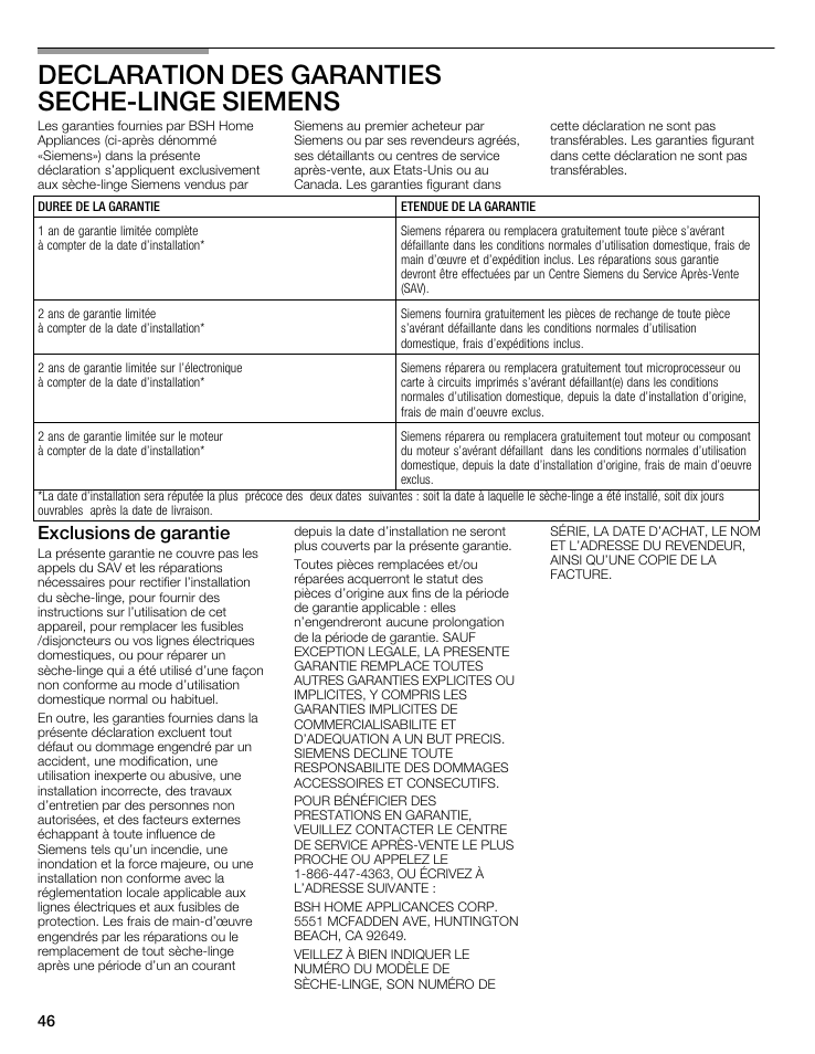 Declaration des garanties sechećlinge siemens, Exclusions de garantie | Siemens WTXD5522UC User Manual | Page 46 / 68