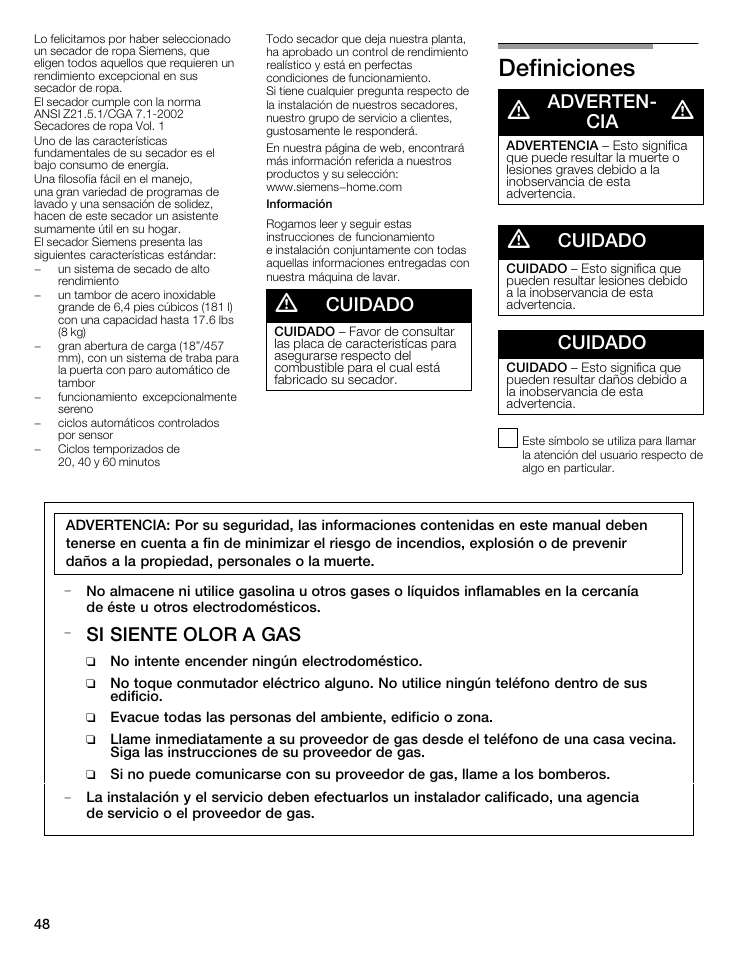 Definiciones d, Cuidado, Advertenć cia | Si siente olor a gas | Siemens WTXD5522UC User Manual | Page 48 / 68