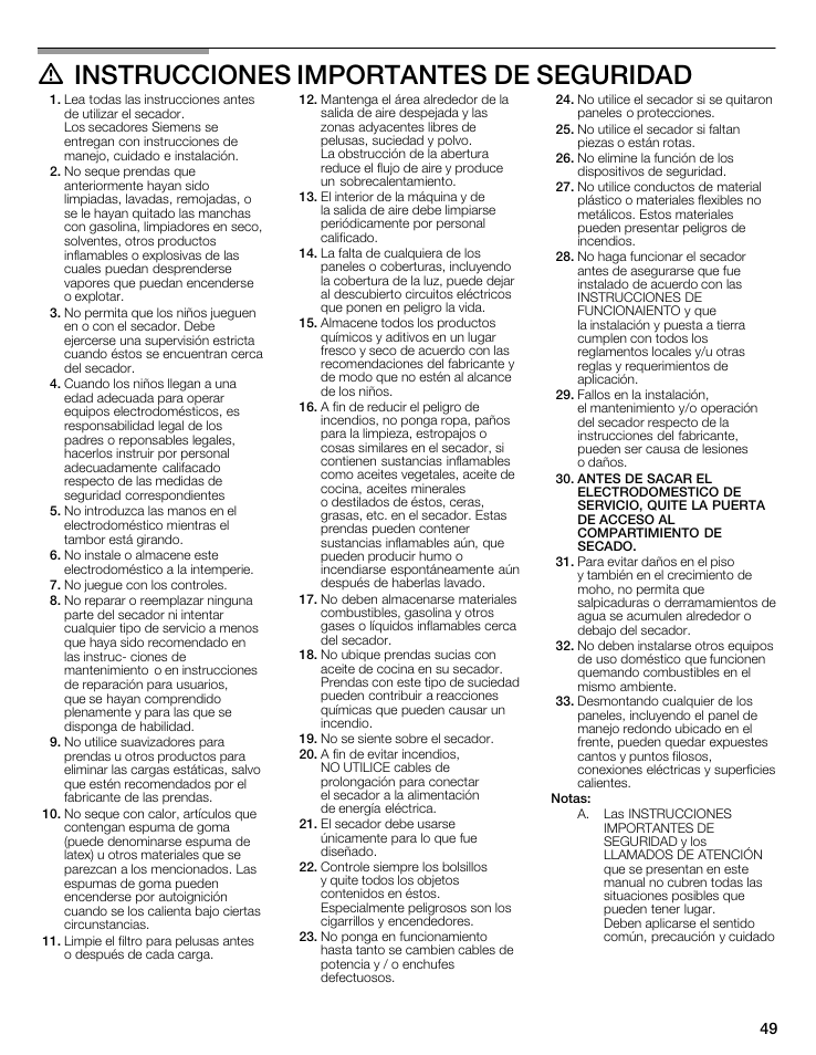 D instrucciones importantes de seguridad | Siemens WTXD5522UC User Manual | Page 49 / 68