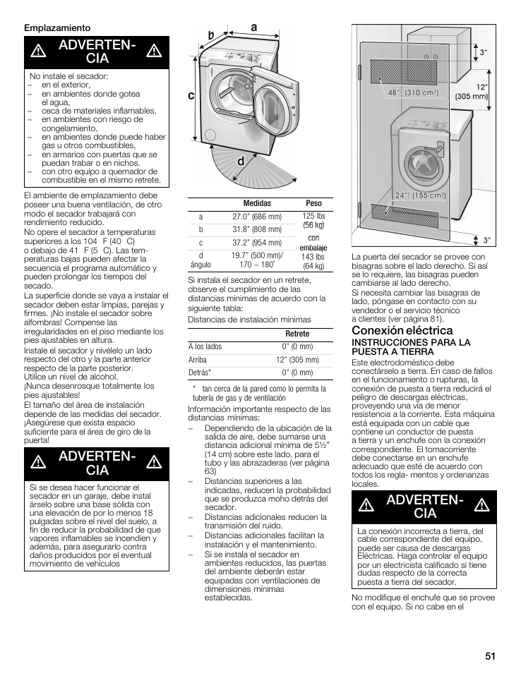 Advertenć cia, Conexión eléctrica | Siemens WTXD5522UC User Manual | Page 51 / 68