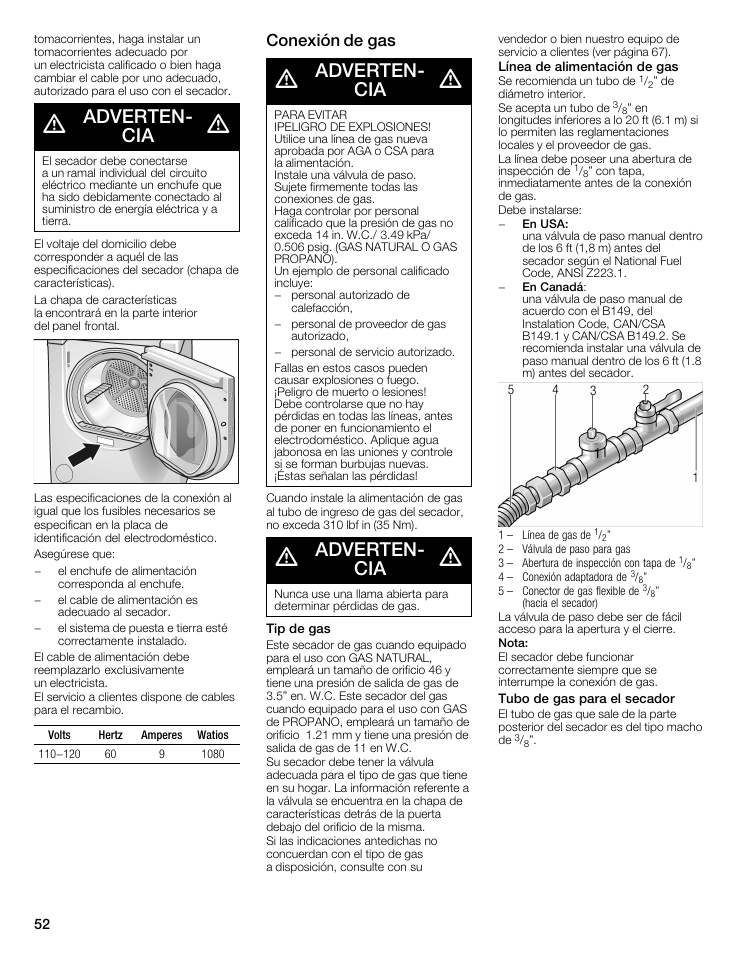 Advertenć cia, Conexión de gas | Siemens WTXD5522UC User Manual | Page 52 / 68