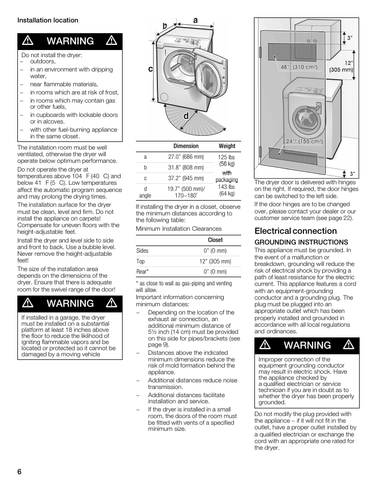 Warning, Electrical connection | Siemens WTXD5522UC User Manual | Page 6 / 68
