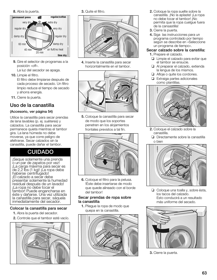 Cuidado, Uso de la canastilla | Siemens WTXD5522UC User Manual | Page 63 / 68