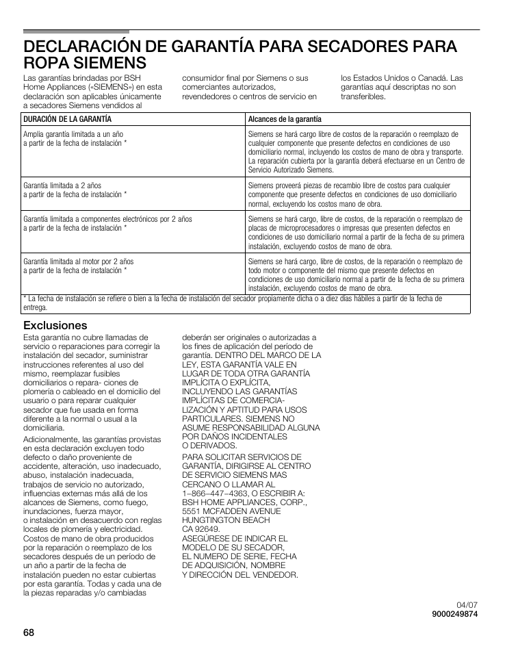 Exclusiones | Siemens WTXD5522UC User Manual | Page 68 / 68