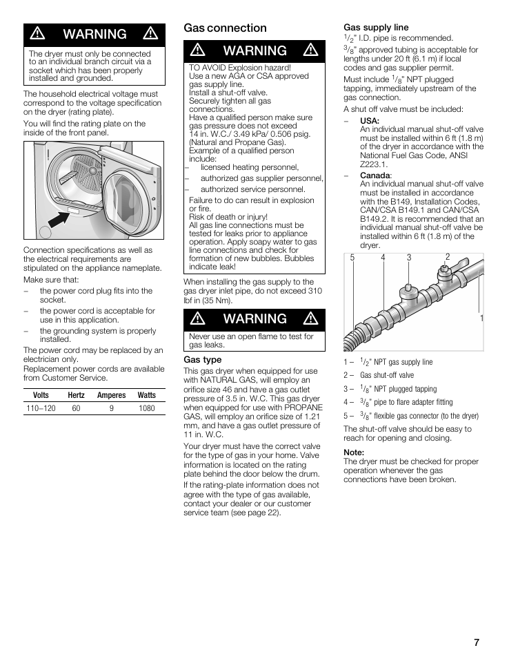 Warning, Gas connection | Siemens WTXD5522UC User Manual | Page 7 / 68