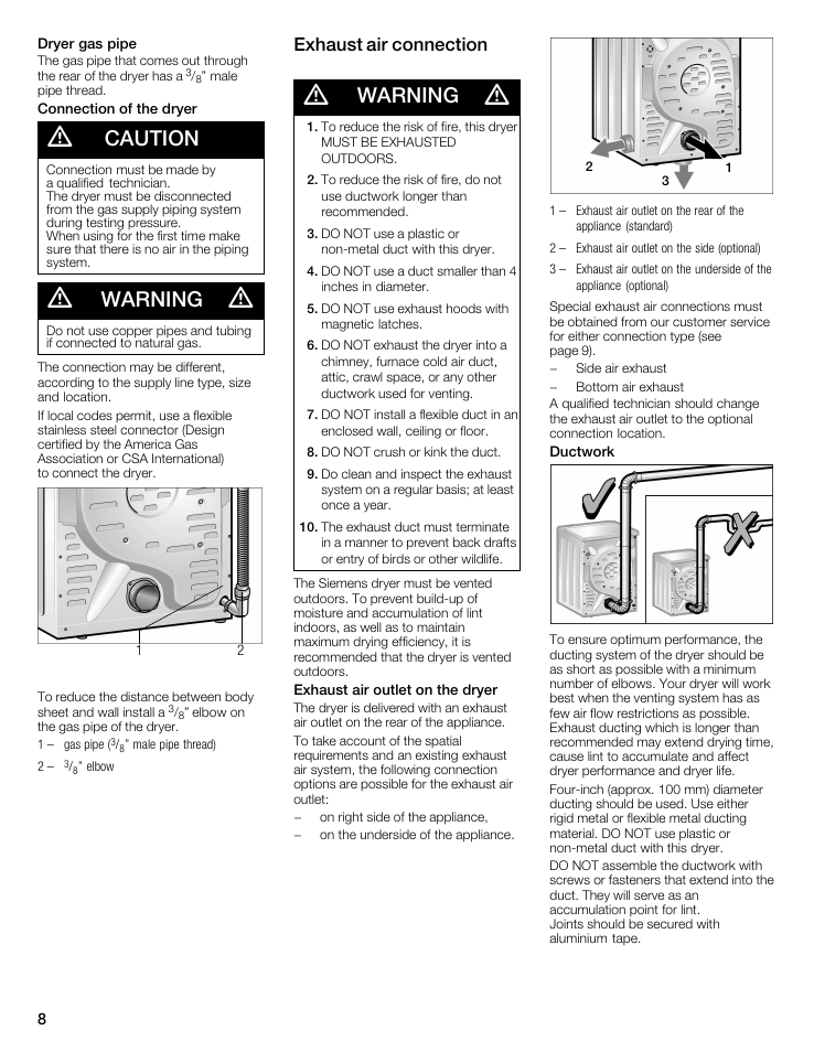 Caution, Warning, Exhaust air connection | Siemens WTXD5522UC User Manual | Page 8 / 68