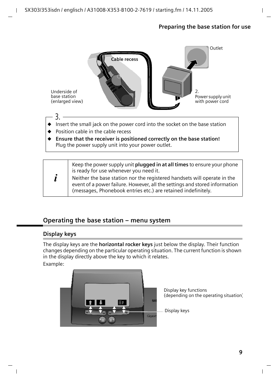 Operating the base station - menu system, Display keys, Operating the base station – menu system | Operating the, Base station – menu system | Siemens CX203isdn User Manual | Page 10 / 161