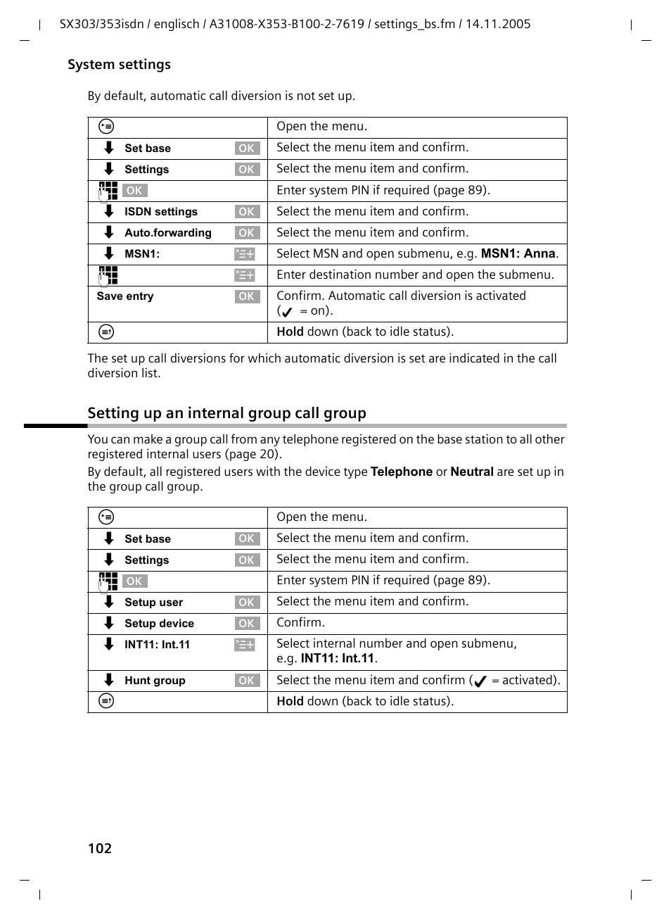 Setting up an internal group call group | Siemens CX203isdn User Manual | Page 103 / 161