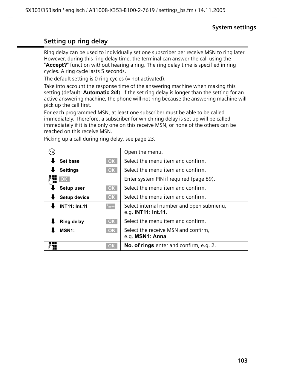 Setting up ring delay | Siemens CX203isdn User Manual | Page 104 / 161