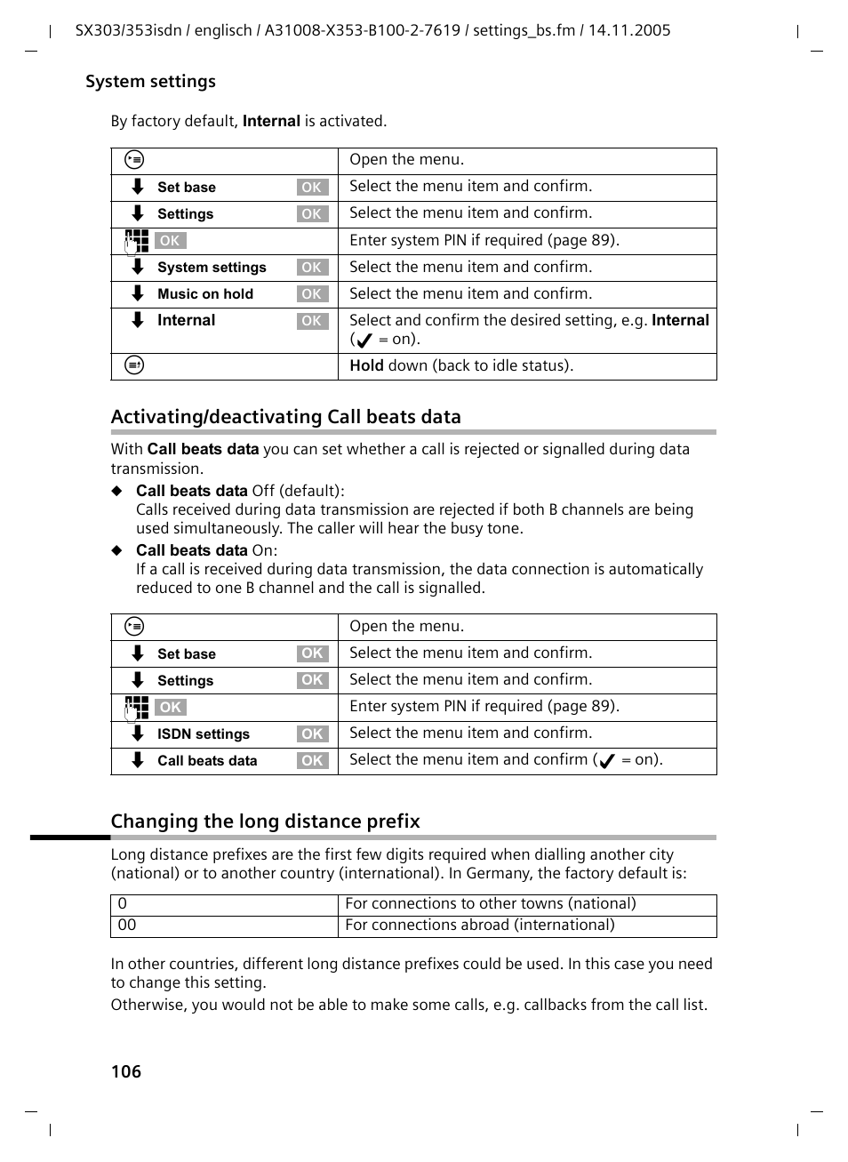 Activating/deactivating call beats data, Changing the long distance prefix | Siemens CX203isdn User Manual | Page 107 / 161