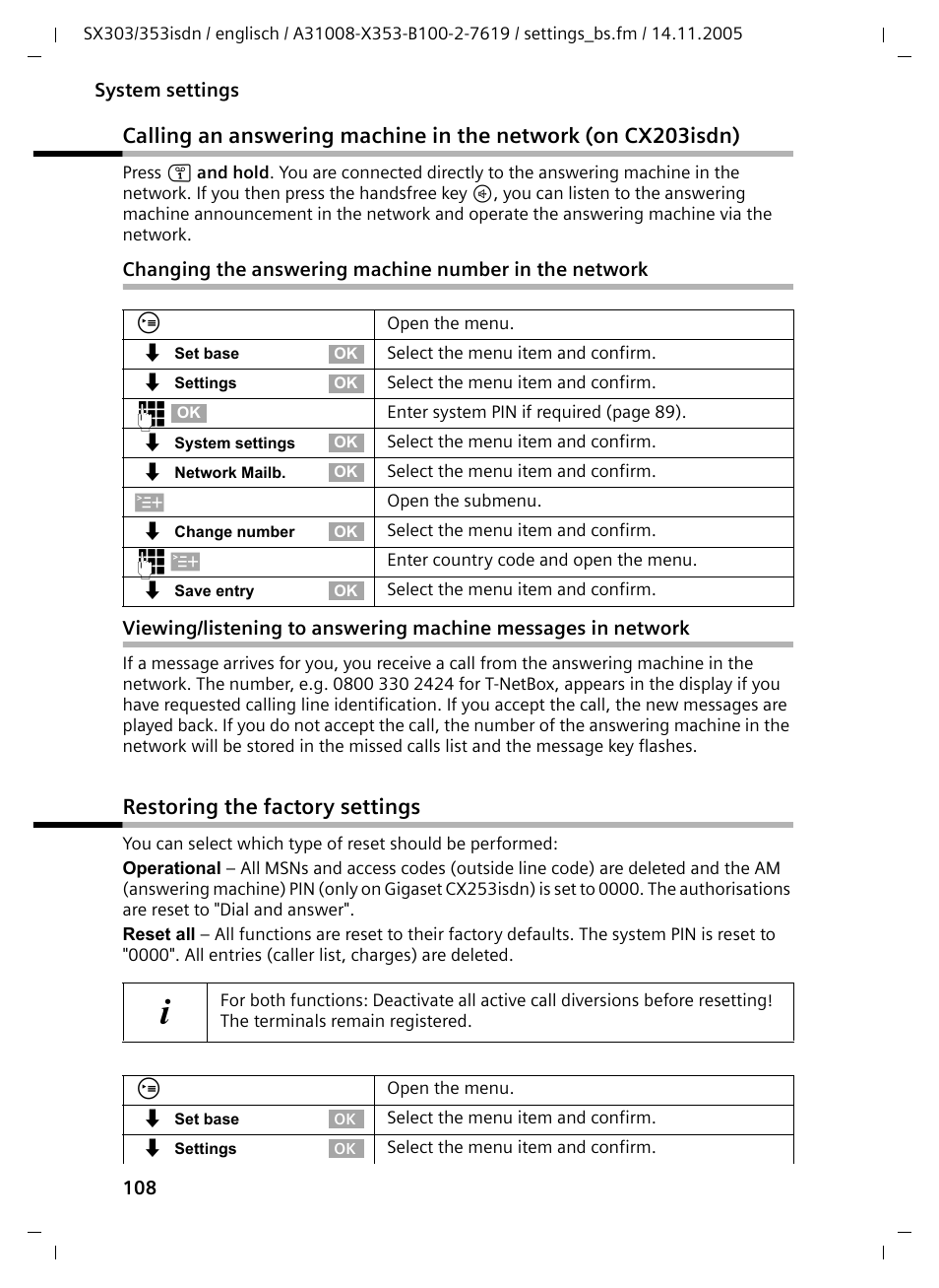 Restoring the factory settings | Siemens CX203isdn User Manual | Page 109 / 161