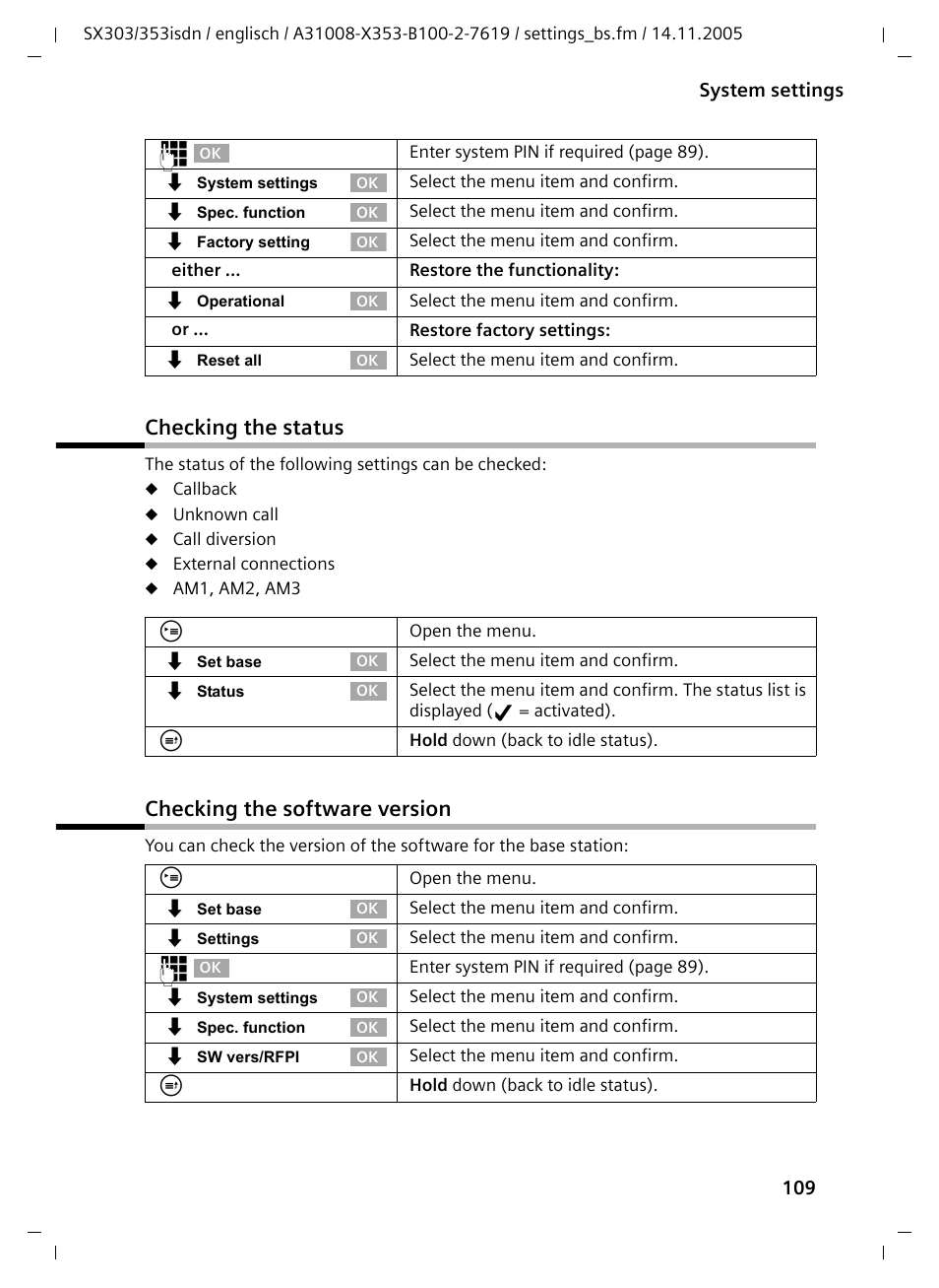 Checking the status, Checking the software version, Checking the status checking the software version | Siemens CX203isdn User Manual | Page 110 / 161