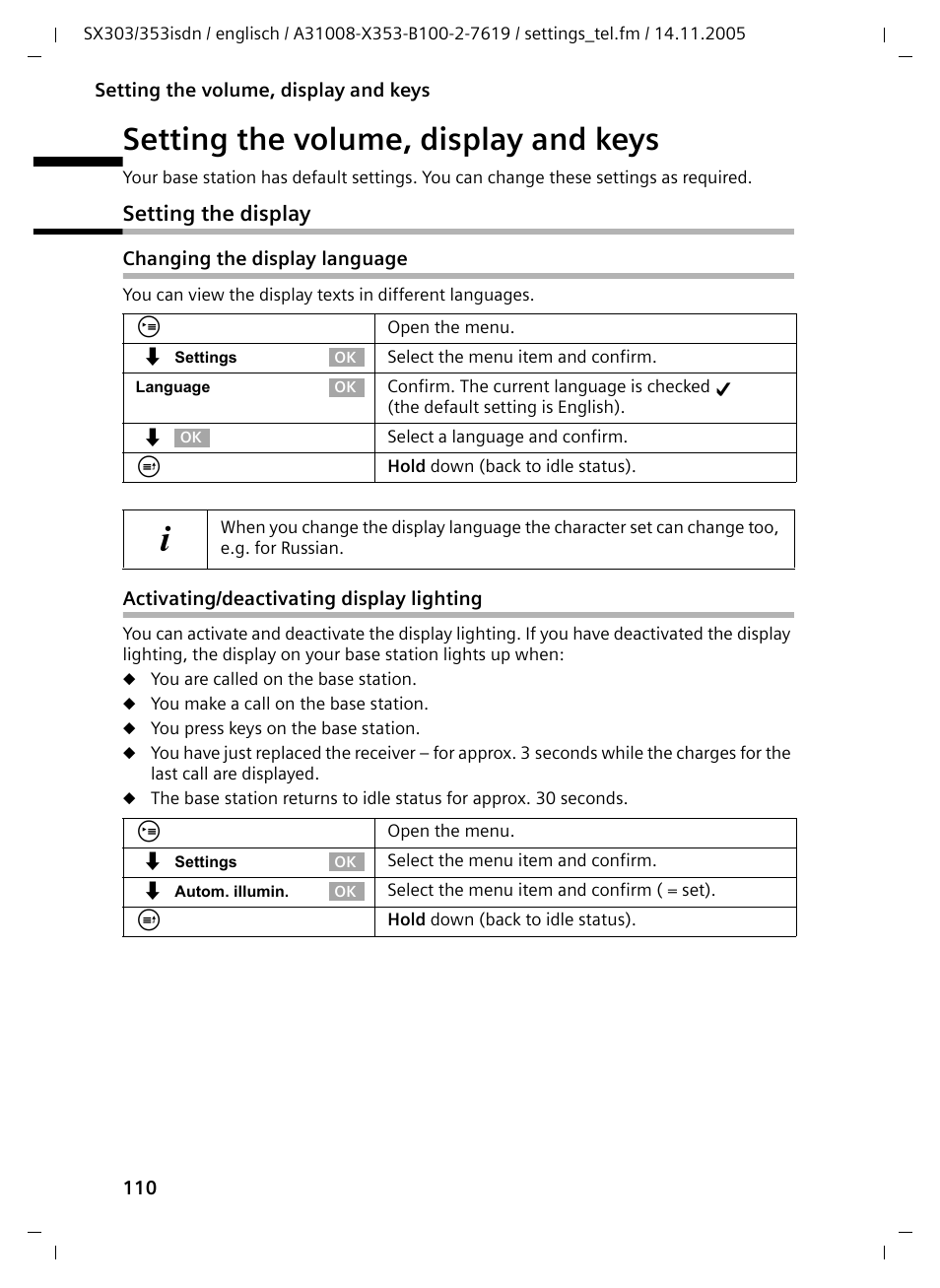 Setting the volume, display and keys, Setting the display, Changing the display language | Activating/deactivating display lighting | Siemens CX203isdn User Manual | Page 111 / 161