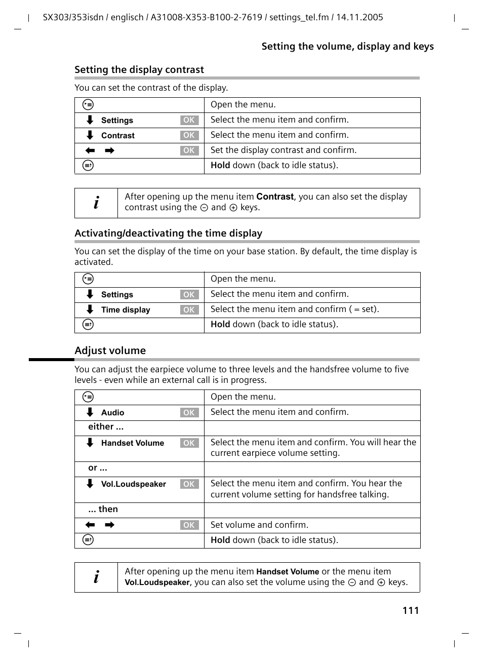 Activating/deactivating the time display, Adjust volume | Siemens CX203isdn User Manual | Page 112 / 161