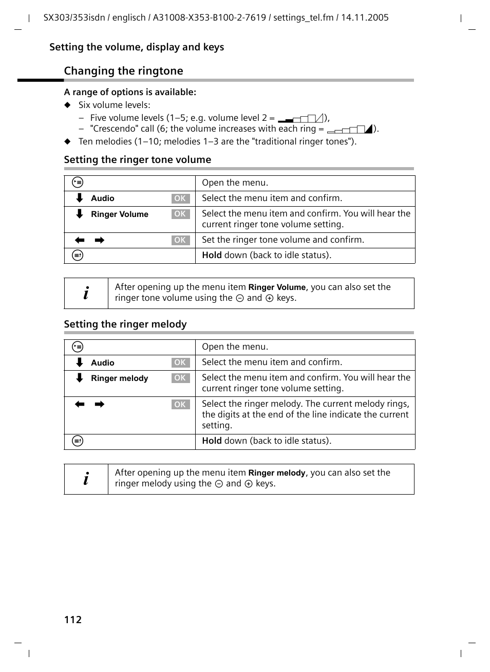 Changing the ringtone, Setting the ringer tone volume, Setting the ringer melody | Siemens CX203isdn User Manual | Page 113 / 161