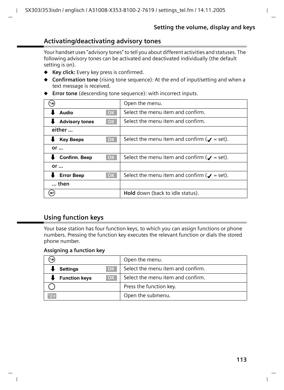 Activating/deactivating advisory tones, Using function keys | Siemens CX203isdn User Manual | Page 114 / 161