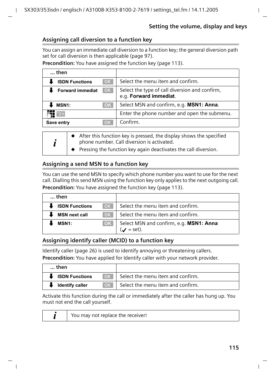 Assigning a send msn to a function key, Assigning identify caller (mcid) to a function key | Siemens CX203isdn User Manual | Page 116 / 161