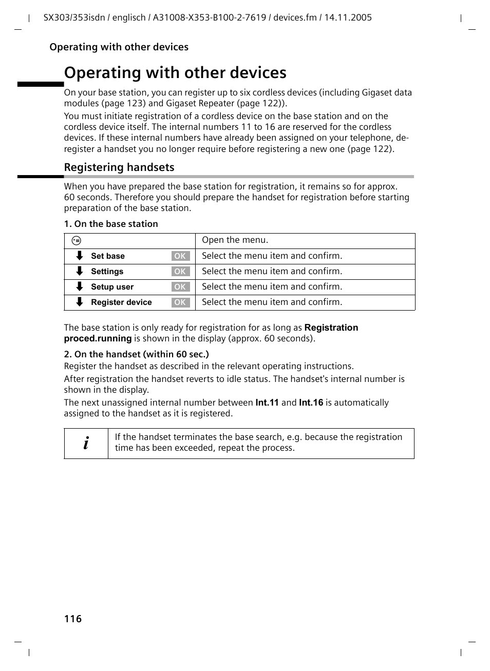 Operating with other devices, Registering handsets | Siemens CX203isdn User Manual | Page 117 / 161