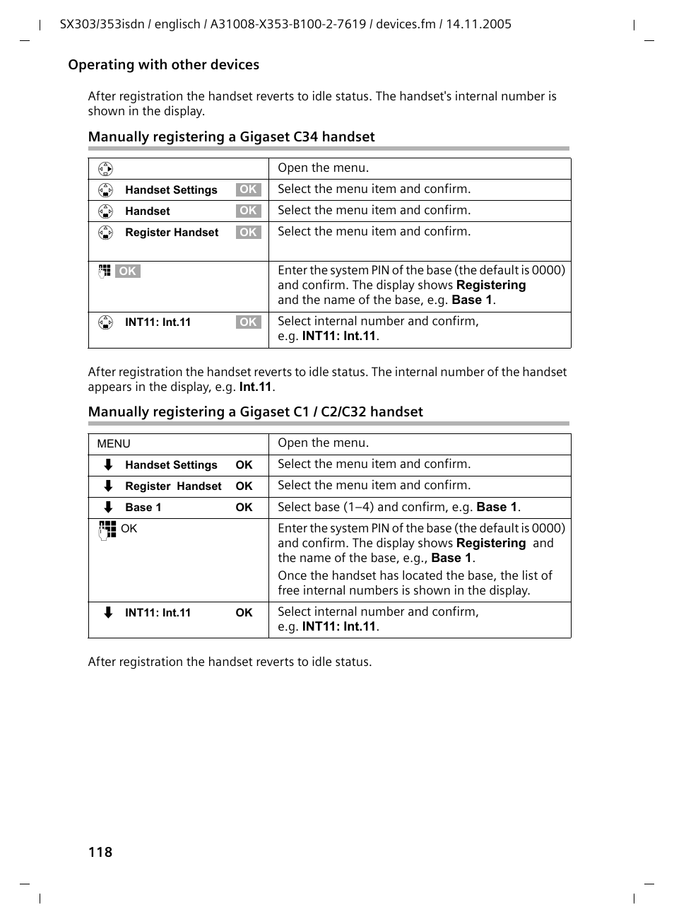 Manually registering a gigaset c34 handset, Manually registering a gigaset c1 / c2/c32 handset | Siemens CX203isdn User Manual | Page 119 / 161