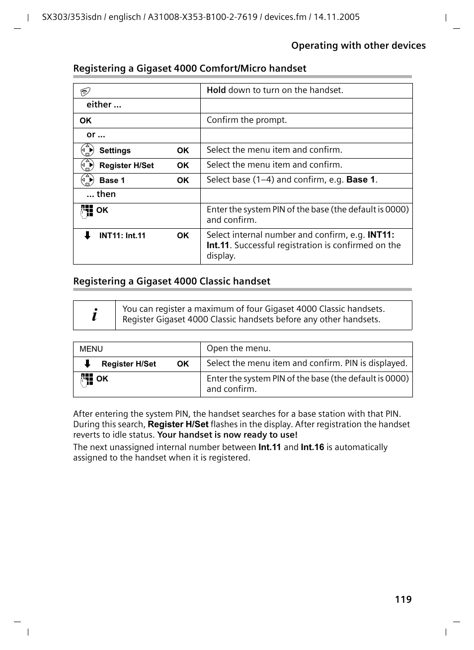 Registering a gigaset 4000 classic handset | Siemens CX203isdn User Manual | Page 120 / 161