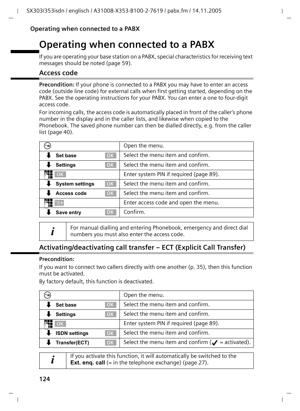 Operating when connected to a pabx, Access code | Siemens CX203isdn User Manual | Page 125 / 161