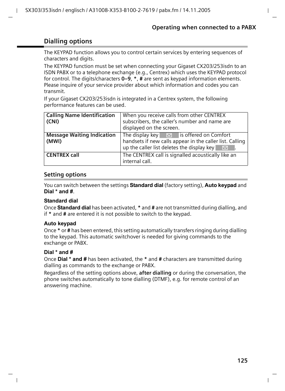 Dialling options, Setting options | Siemens CX203isdn User Manual | Page 126 / 161