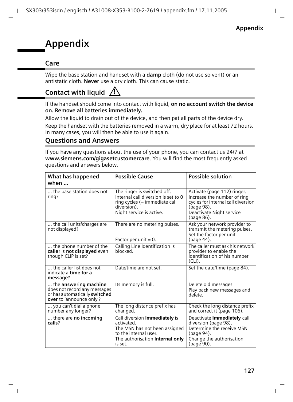 Appendix, Care, Contact with liquid | Questions and answers, Care contact with liquid questions and answers | Siemens CX203isdn User Manual | Page 128 / 161