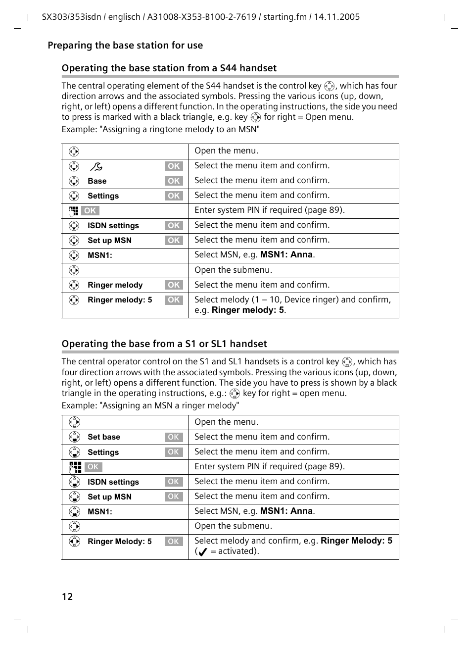 Operating the base station from a s44 handset, Operating the base from a s1 or sl1 handset | Siemens CX203isdn User Manual | Page 13 / 161