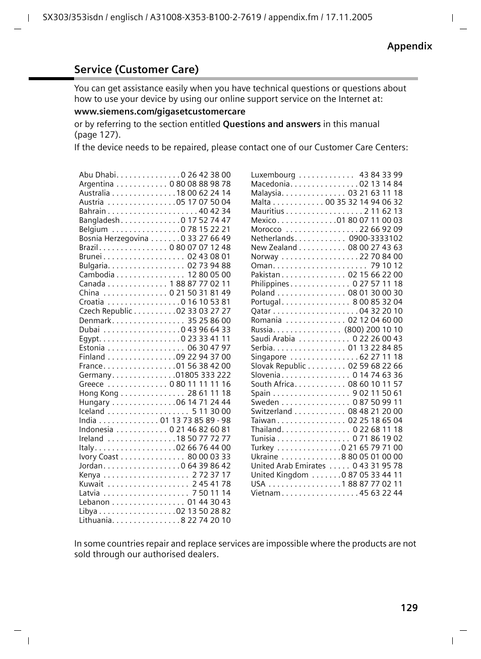 Service (customer care), 129 appendix | Siemens CX203isdn User Manual | Page 130 / 161