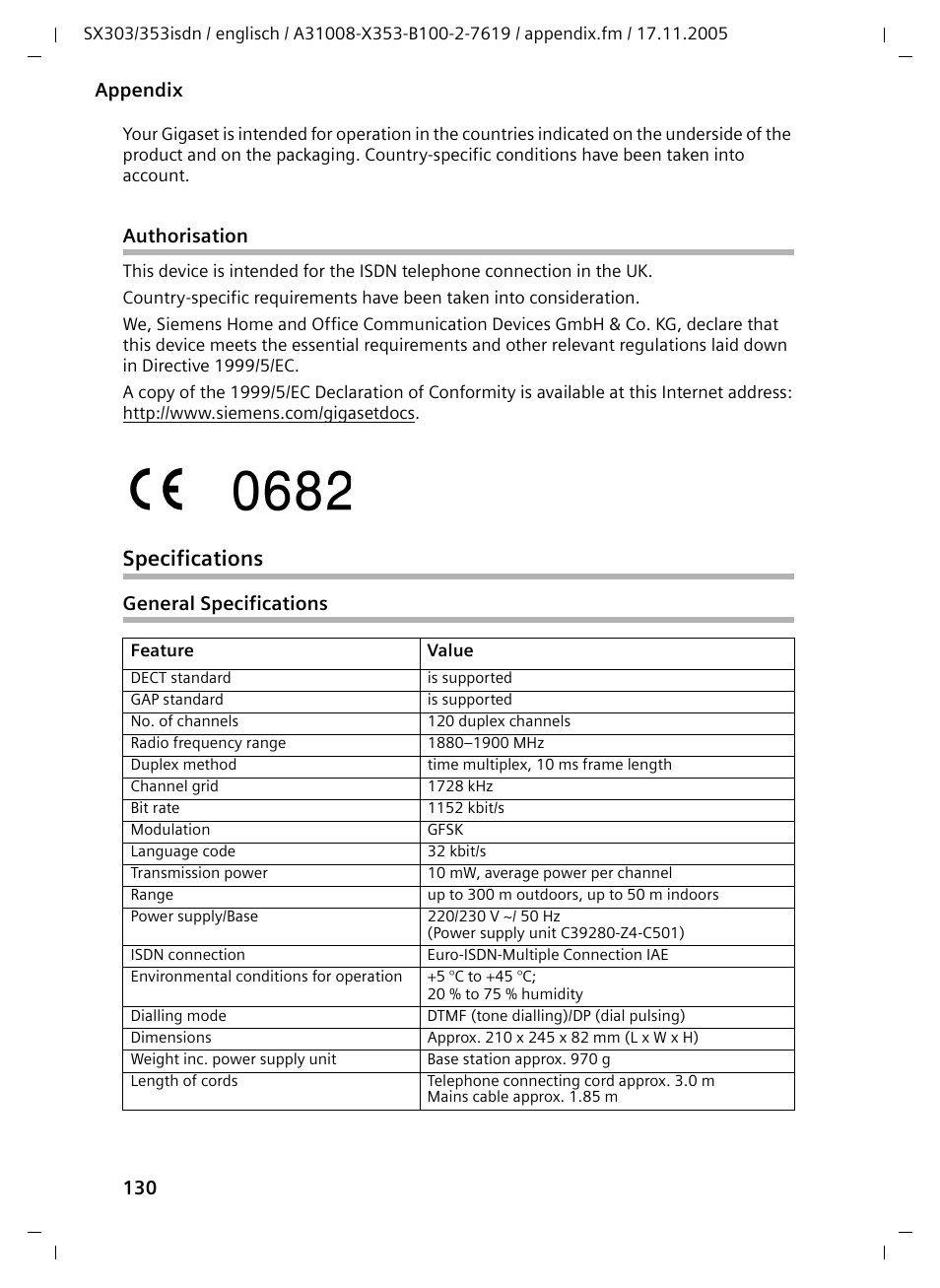 Authorisation, Specifications, General specifications | Siemens CX203isdn User Manual | Page 131 / 161