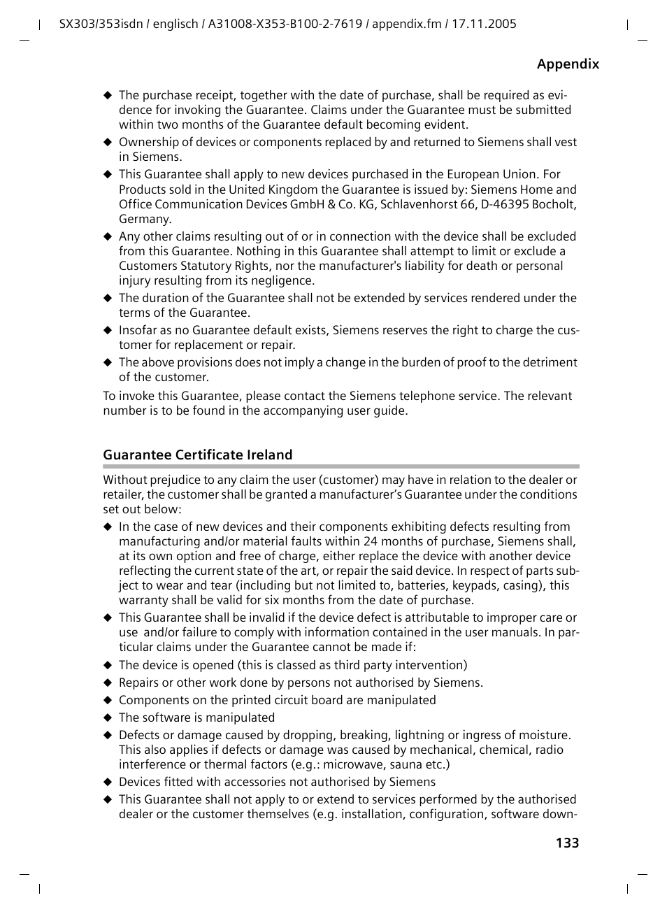 Guarantee certificate ireland | Siemens CX203isdn User Manual | Page 134 / 161