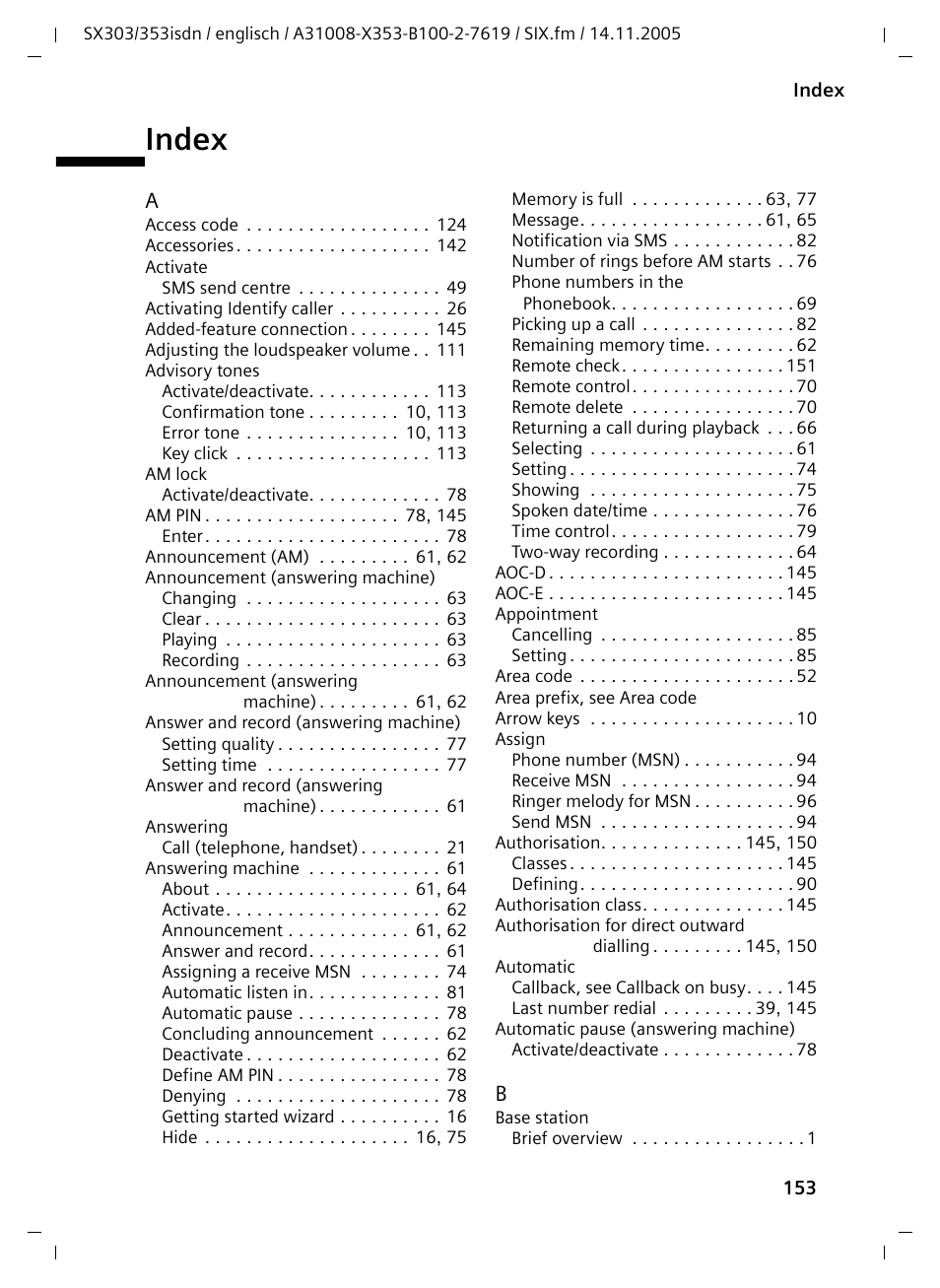 Index | Siemens CX203isdn User Manual | Page 154 / 161