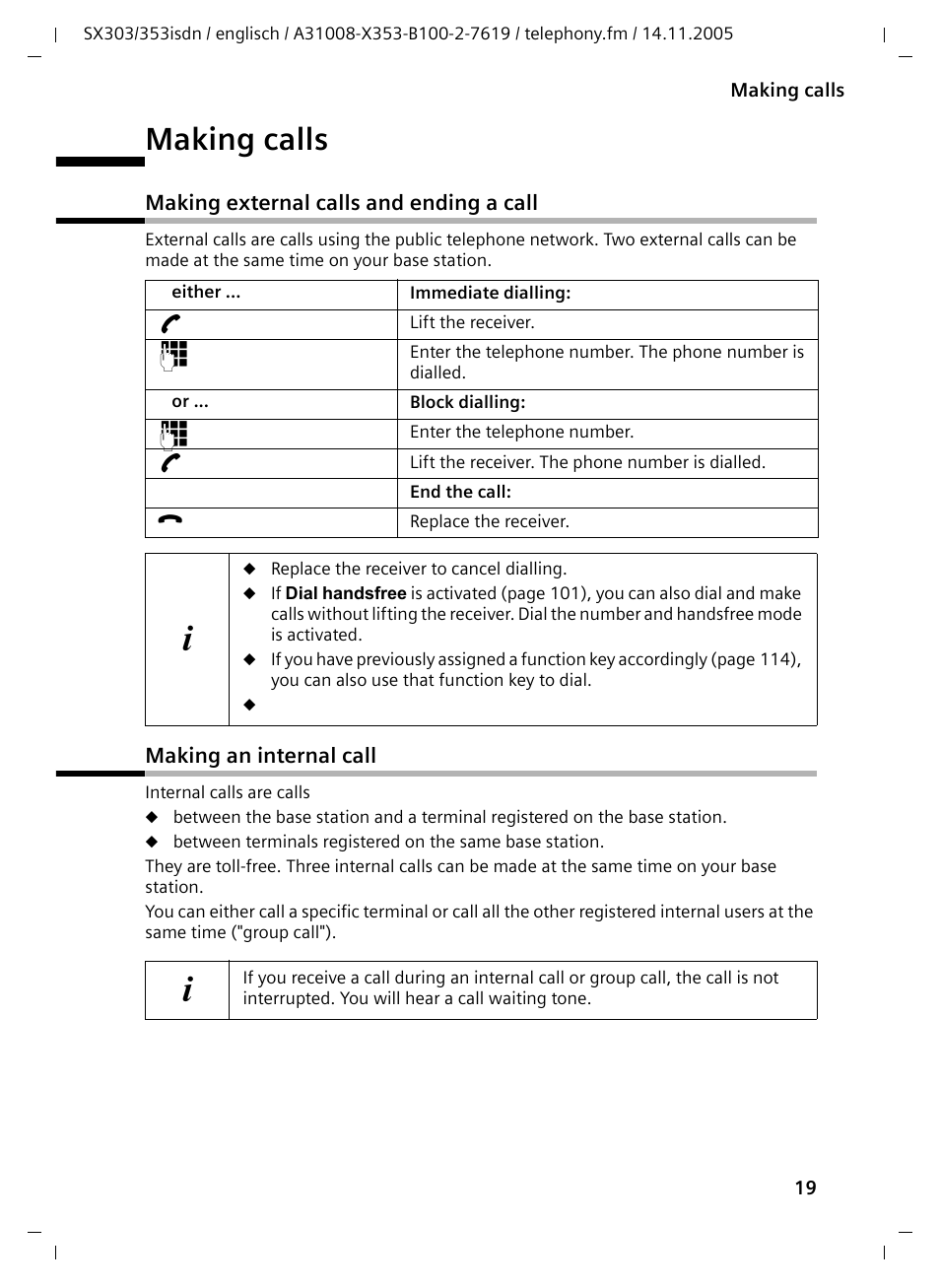 Making calls, Making external calls and ending a call, Making an internal call | Siemens CX203isdn User Manual | Page 20 / 161